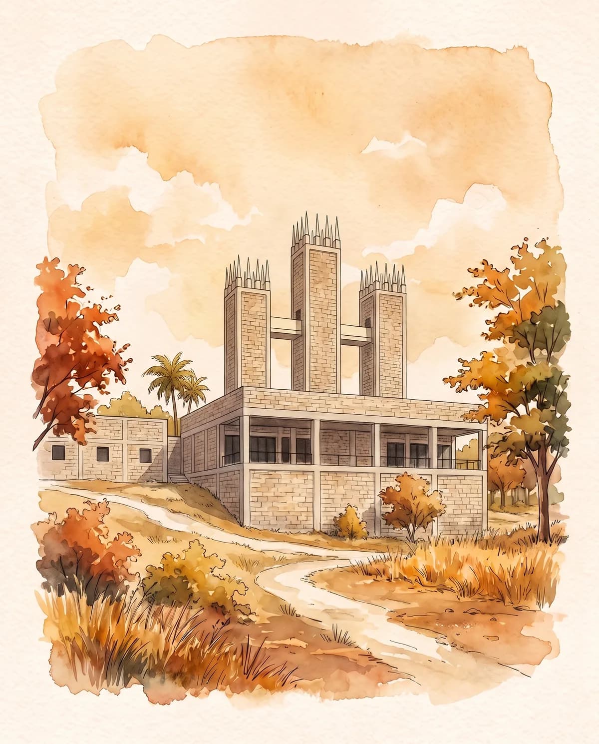 A watercolour of the ceremony hall at Anagkazo Campus, its three towers rising over the veranda and the hillside in autumn