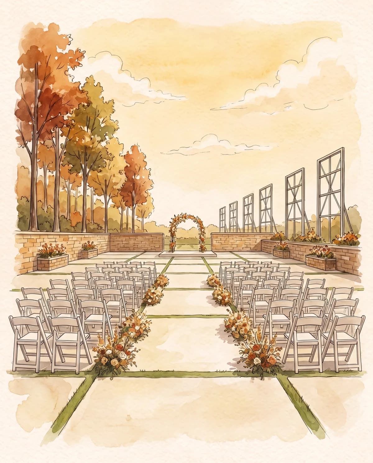 A watercolour of There’s Nobody Like Jesus Courtyard set for the ceremony: rows of white chairs either side of a flower-lined aisle, leading to a floral arch