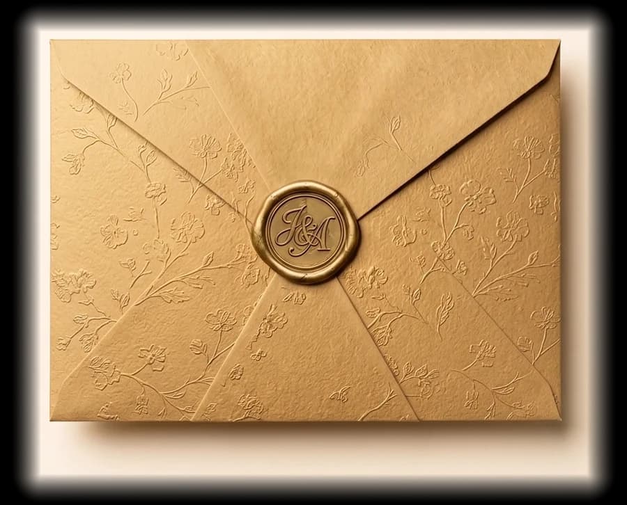 A sealed golden envelope with the J&A wax seal
